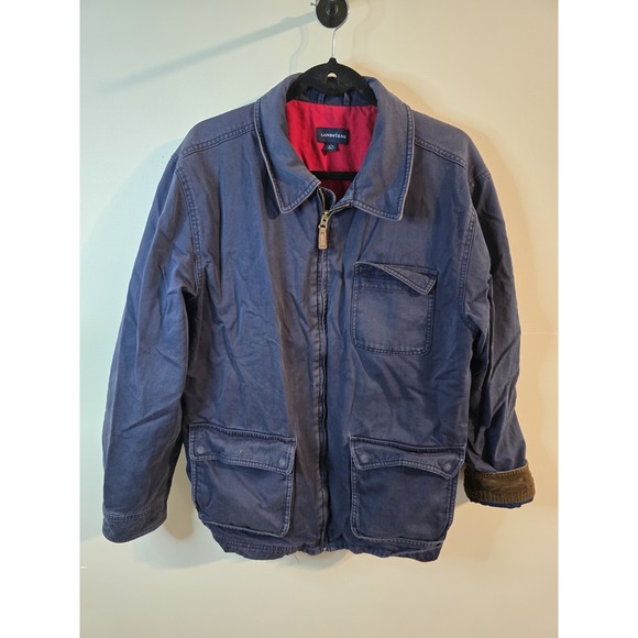 Vintage Lands End Mens L Canvas Chore Coat Barn Jacket Corduroy Collar Blue Zip - Picture 1 of 9